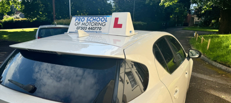 Pro School of Motoring training car with learner headboard in South West London